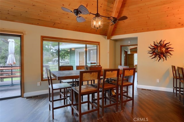 40957 Shandee Ln, Ahwahnee, CA 93601 - dining space with baseboards, a ceiling fan, lofted ceiling, wooden ceiling, and wood finished floors