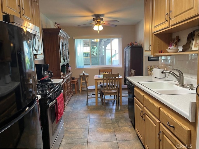 kitchen with open shelves, a sink, ceiling fan, black appliances, and backsplash