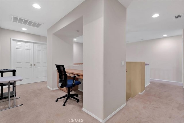 office area featuring recessed lighting, carpet, visible vents, and baseboards