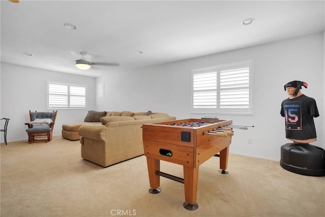 rec room with light colored carpet, ceiling fan, baseboards, and recessed lighting