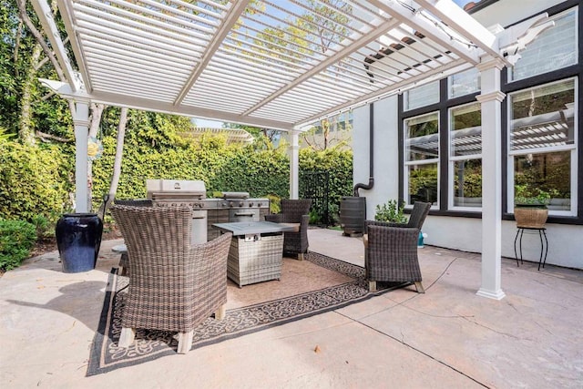 view of patio with exterior kitchen, outdoor dining area, a pergola, and a grill