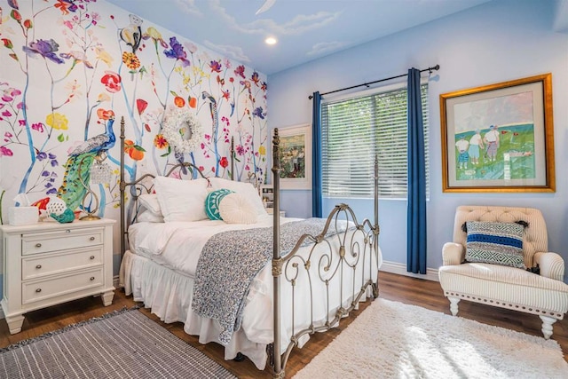 bedroom featuring recessed lighting, baseboards, and dark wood-style floors