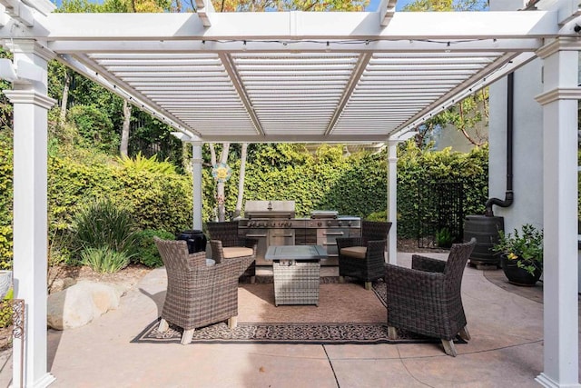 view of patio / terrace featuring central AC, exterior kitchen, and a pergola