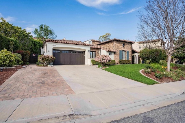 mediterranean / spanish-style home with an attached garage, stucco siding, driveway, and a tile roof