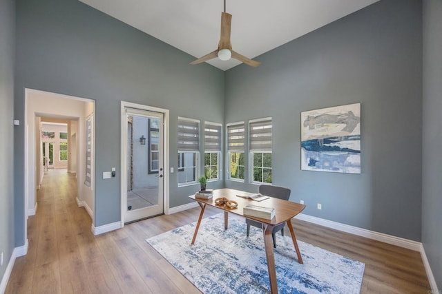 2463 Springbrook St, Thousand Oaks, CA 91362 - office with a high ceiling, plenty of natural light, wood finished floors, and a ceiling fan