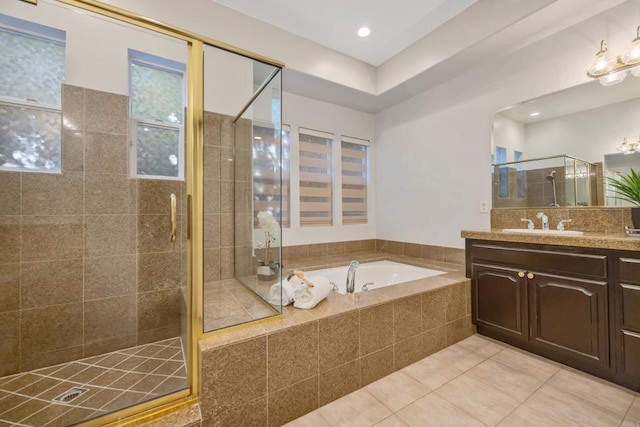 2463 Springbrook St, Thousand Oaks, CA 91362 - bathroom with vanity, a bath, a stall shower, tile patterned flooring, and recessed lighting