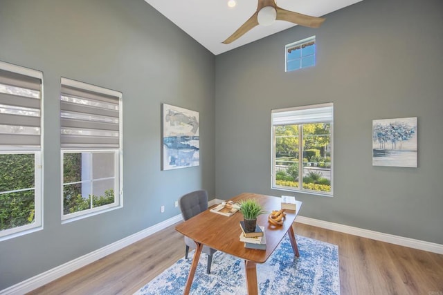 2463 Springbrook St, Thousand Oaks, CA 91362 - office area featuring high vaulted ceiling, a ceiling fan, and wood finished floors