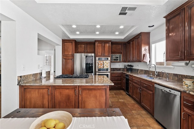 kitchen featuring stainless steel appliances, visible vents, a sink, and a raised ceiling