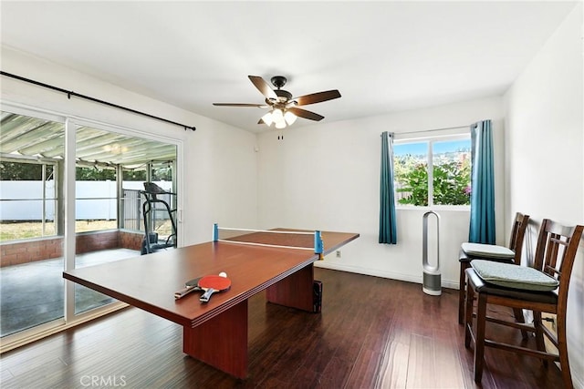 2842 Pietro Dr, Hacienda Heights, CA 91745 - rec room with healthy amount of natural light, a ceiling fan, and dark wood-style flooring