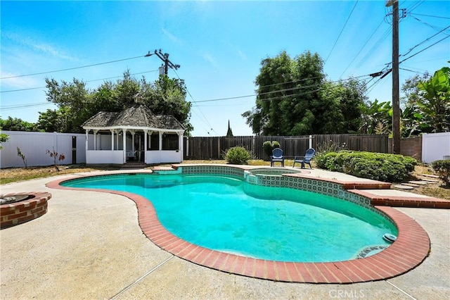2842 Pietro Dr, Hacienda Heights, CA 91745 - view of pool featuring a gazebo, a fenced backyard, an in-ground hot tub, a patio, and a fire pit