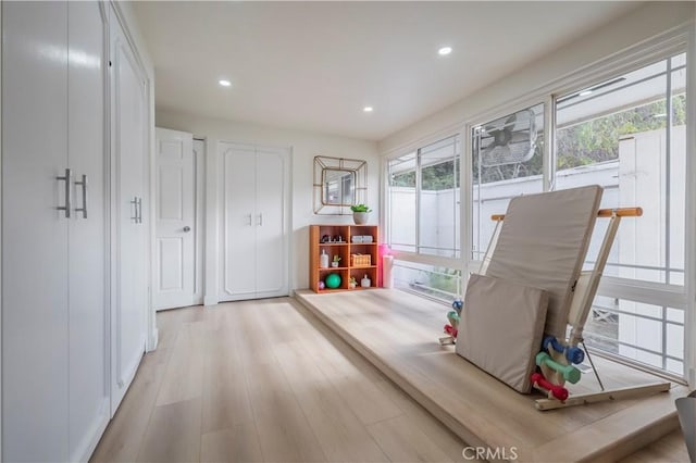 rec room featuring a healthy amount of sunlight, wood finished floors, and recessed lighting