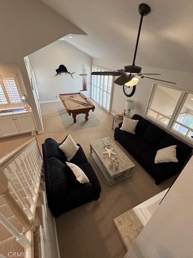 2244 Cannes Sq, Oxnard, CA 93035 - carpeted living room featuring billiards table, a ceiling fan, plenty of natural light, a textured ceiling, and vaulted ceiling
