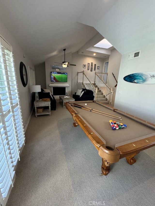 2244 Cannes Sq, Oxnard, CA 93035 - rec room featuring carpet, ceiling fan, vaulted ceiling, and billiards