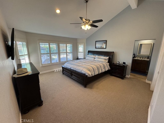 2244 Cannes Sq, Oxnard, CA 93035 - bedroom featuring baseboards, light carpet, high vaulted ceiling, ceiling fan, and ensuite bathroom