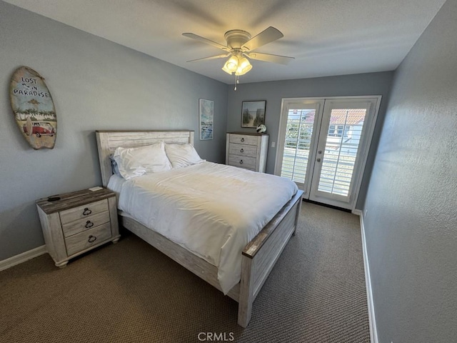 2244 Cannes Sq, Oxnard, CA 93035 - bedroom with access to exterior, dark carpet, and a ceiling fan
