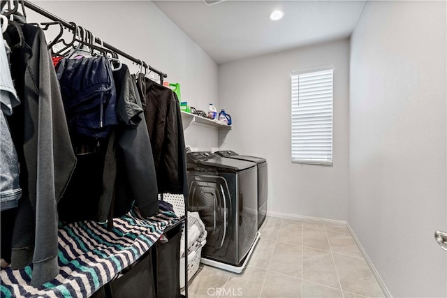 8794 Applewood St, Chino, CA 91708 - clothes washing area featuring laundry area, light tile patterned floors, recessed lighting, washer and dryer, and baseboards