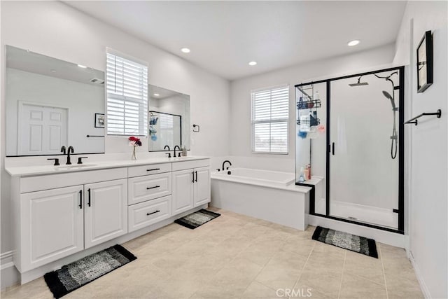 8794 Applewood St, Chino, CA 91708 - bathroom with a sink, a bath, double vanity, and a shower stall