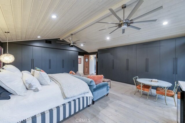 5385 N Van Ness Blvd, Fresno, CA 93711 - bedroom with a decorative wall, light wood finished floors, recessed lighting, wooden ceiling, and a ceiling fan