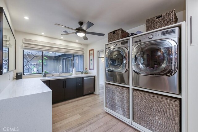 5385 N Van Ness Blvd, Fresno, CA 93711 - laundry area featuring a ceiling fan, light wood-style flooring, washing machine and dryer, and recessed lighting