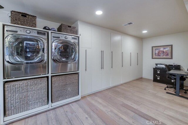 5385 N Van Ness Blvd, Fresno, CA 93711 - laundry room featuring wood finished floors, washer and clothes dryer, recessed lighting, an office area, and baseboards