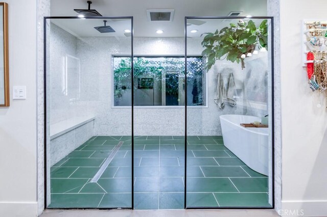 5385 N Van Ness Blvd, Fresno, CA 93711 - bathroom featuring a freestanding bath, tile patterned flooring, and a shower