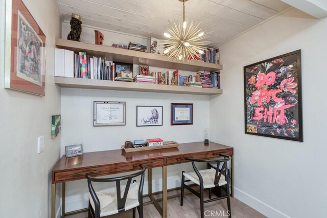 5385 N Van Ness Blvd, Fresno, CA 93711 - office space with a chandelier, wood finished floors, wood ceiling, and baseboards