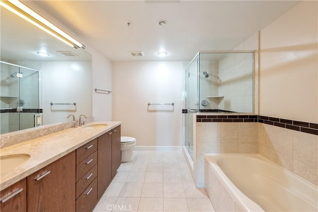 full bathroom with a shower stall, a sink, visible vents, toilet, and tile patterned floors