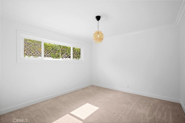 empty room featuring ornamental molding, carpet, and baseboards