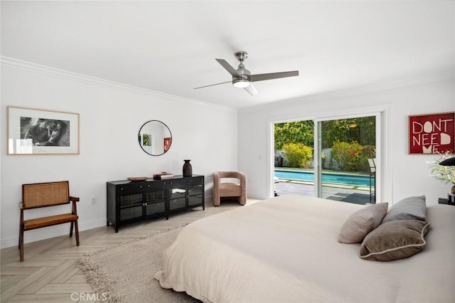 bedroom featuring a ceiling fan, ornamental molding, access to outside, and baseboards