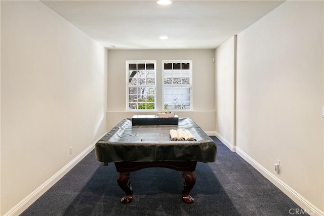 game room featuring pool table, recessed lighting, baseboards, and carpet floors