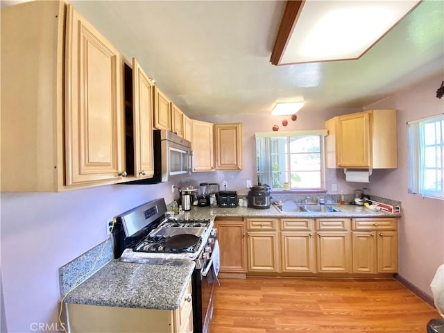 kitchen featuring a sink, appliances with stainless steel finishes, light brown cabinets, and a wealth of natural light