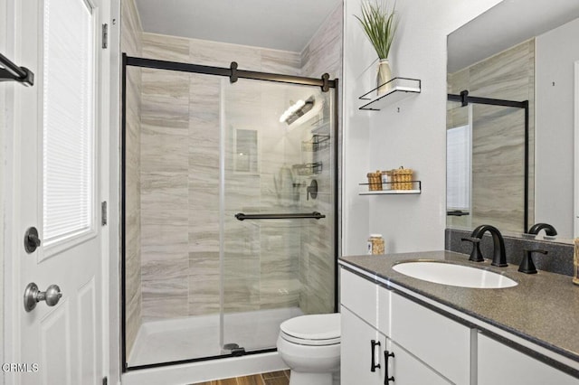bathroom with a shower stall, vanity, and toilet