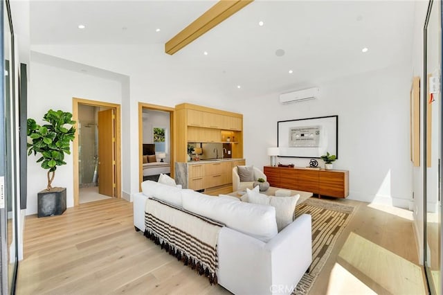 living room featuring recessed lighting, light wood-style flooring, an AC wall unit, and lofted ceiling with beams