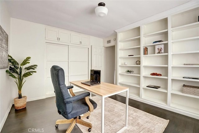 office with visible vents, dark wood-style floors, and baseboards