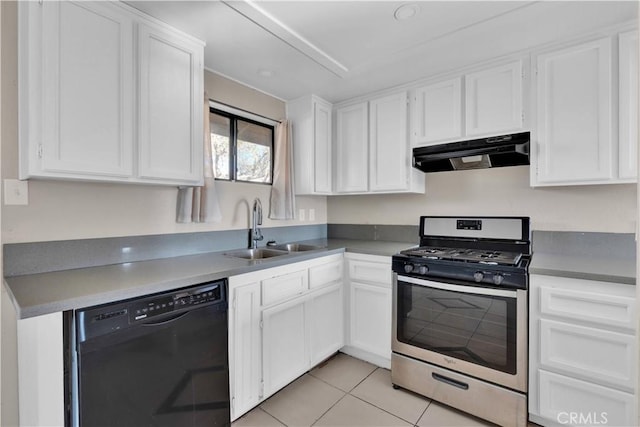 17908 Birch St, Hesperia, CA 92345 - kitchen featuring stainless steel gas range, black dishwasher, white cabinets, under cabinet range hood, and a sink