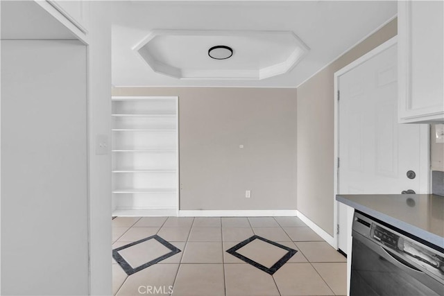 17908 Birch St, Hesperia, CA 92345 - kitchen with baseboards, light tile patterned floors, white cabinetry, a tray ceiling, and dishwasher