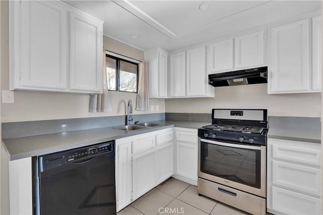 17908 Birch St, Hesperia, CA 92345 - kitchen featuring stainless steel range with gas cooktop, white cabinets, under cabinet range hood, dishwasher, and a sink