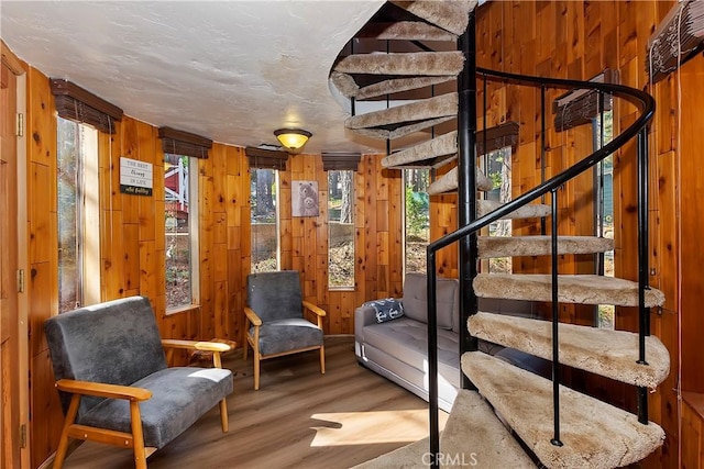31867 Wagon Wheel Dr, Running Springs, CA 92382 - stairway featuring wood finished floors and wood walls