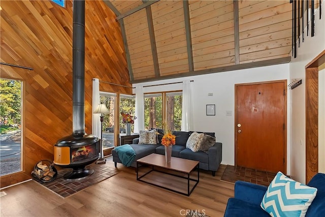 31867 Wagon Wheel Dr, Running Springs, CA 92382 - living room featuring a wood stove, high vaulted ceiling, wood finished floors, and wooden ceiling with exposed beams