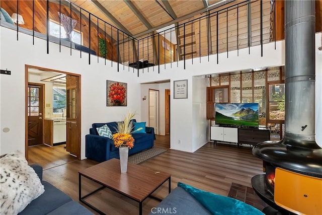 31867 Wagon Wheel Dr, Running Springs, CA 92382 - living area with wood ceiling with exposed beams, wood finished floors, high vaulted ceiling, and a wood stove