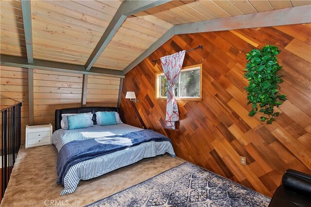 bedroom featuring wood ceiling, wooden walls, lofted ceiling with beams, and carpet
