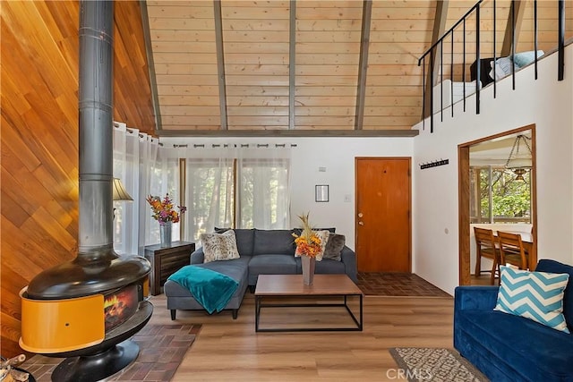 31867 Wagon Wheel Dr, Running Springs, CA 92382 - living room with a towering ceiling, wood finished floors, and stairs