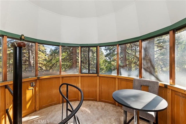 31867 Wagon Wheel Dr, Running Springs, CA 92382 - sunroom / solarium featuring healthy amount of natural light, a decorative wall, a high ceiling, carpet flooring, and wainscoting