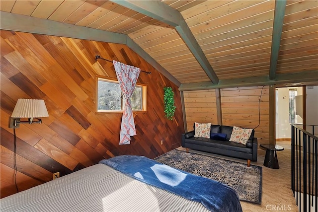carpeted bedroom featuring wood walls, vaulted ceiling with beams, and wooden ceiling