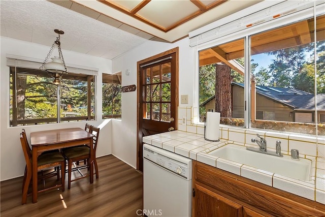 31867 Wagon Wheel Dr, Running Springs, CA 92382 - kitchen featuring dishwasher, a sink, tile countertops, dark wood-type flooring, and hanging light fixtures