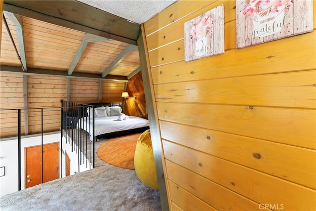 31867 Wagon Wheel Dr, Running Springs, CA 92382 - carpeted bedroom with wooden walls and wood ceiling