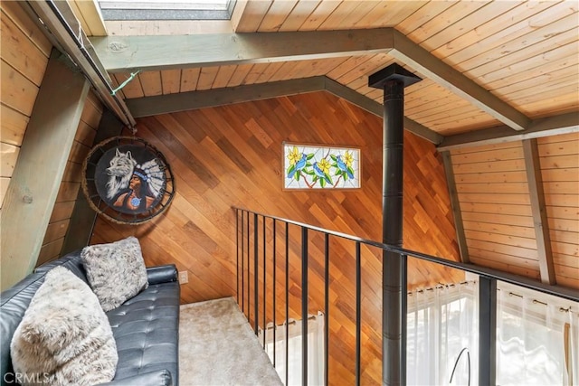 31867 Wagon Wheel Dr, Running Springs, CA 92382 - stairway with wooden walls, wood ceiling, and healthy amount of natural light