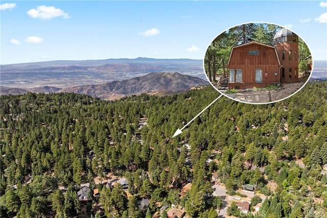 31867 Wagon Wheel Dr, Running Springs, CA 92382 - drone / aerial view of a heavily wooded area and a mountain backdrop