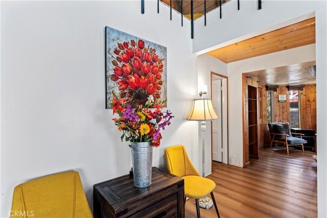 31867 Wagon Wheel Dr, Running Springs, CA 92382 - hall featuring wood finished floors and a towering ceiling