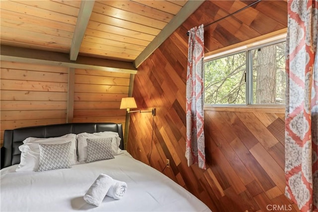 31867 Wagon Wheel Dr, Running Springs, CA 92382 - bedroom with a wood ceiling with exposed beams and wood walls